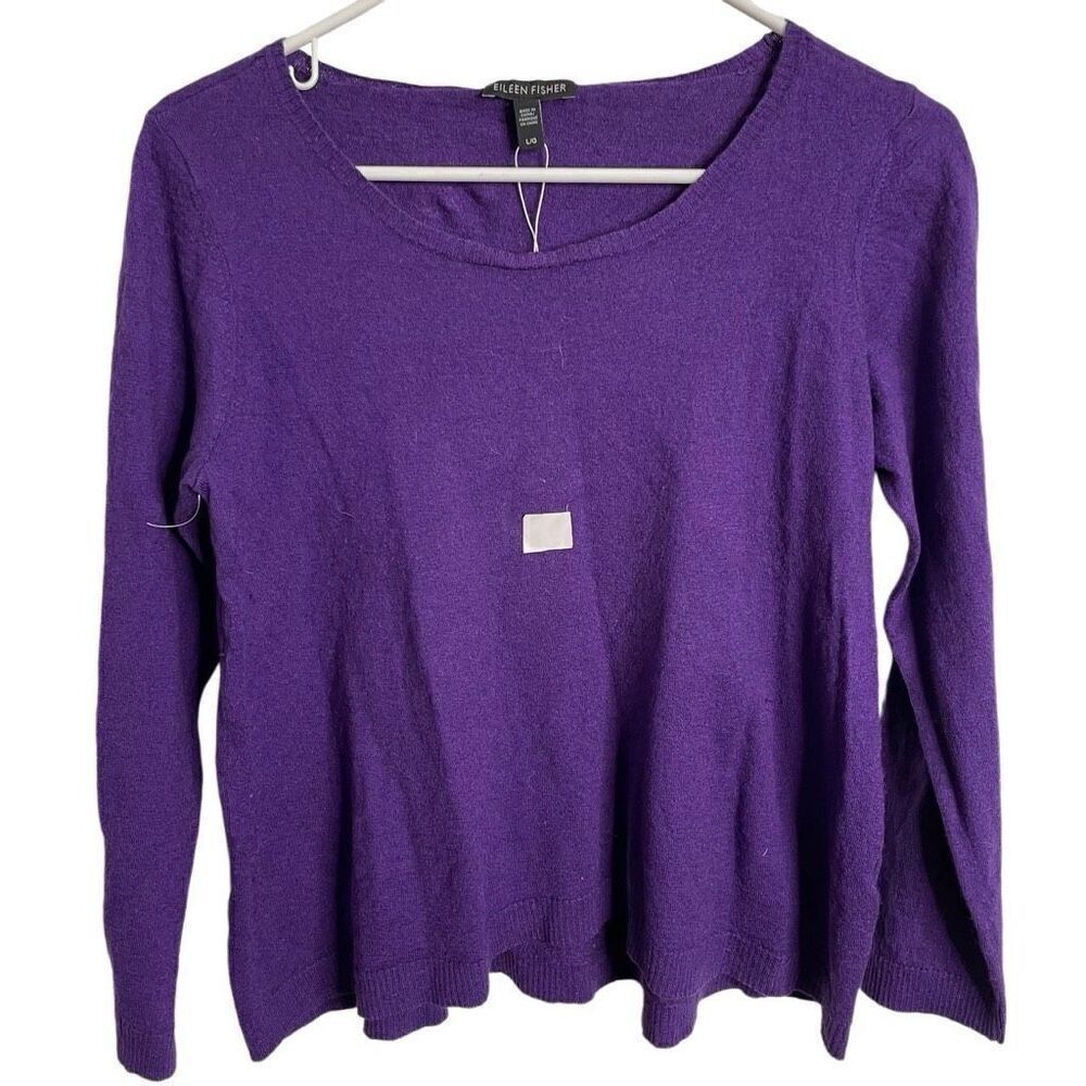 Eileen Fisher Womens Sweater L Purple Wool Blend Boatneck Bracelet Sleeve Mature